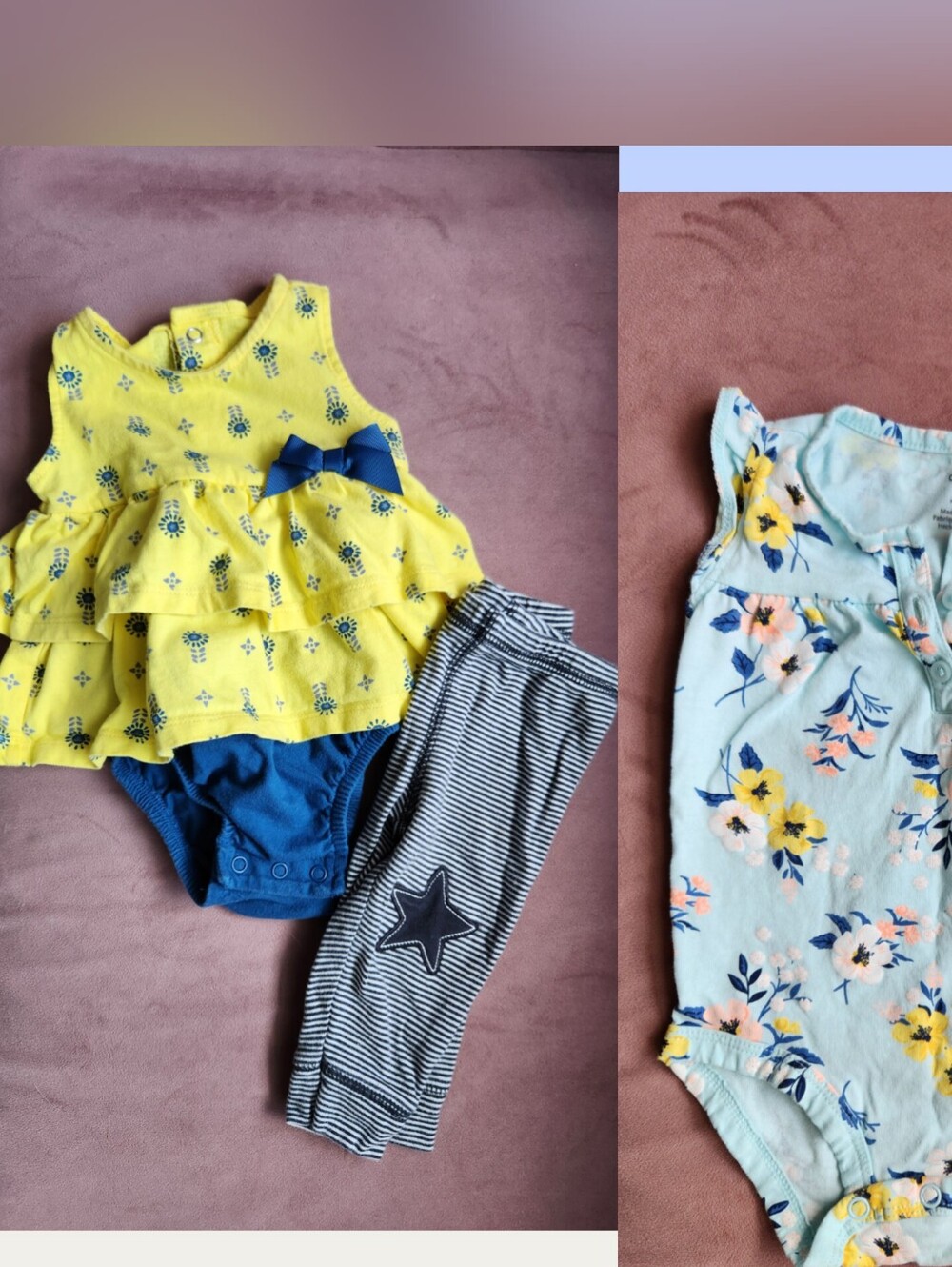 Carter's Yellowl Ruffle Onesie Dress, Striped Star Leggings, Blue Flower Onesie